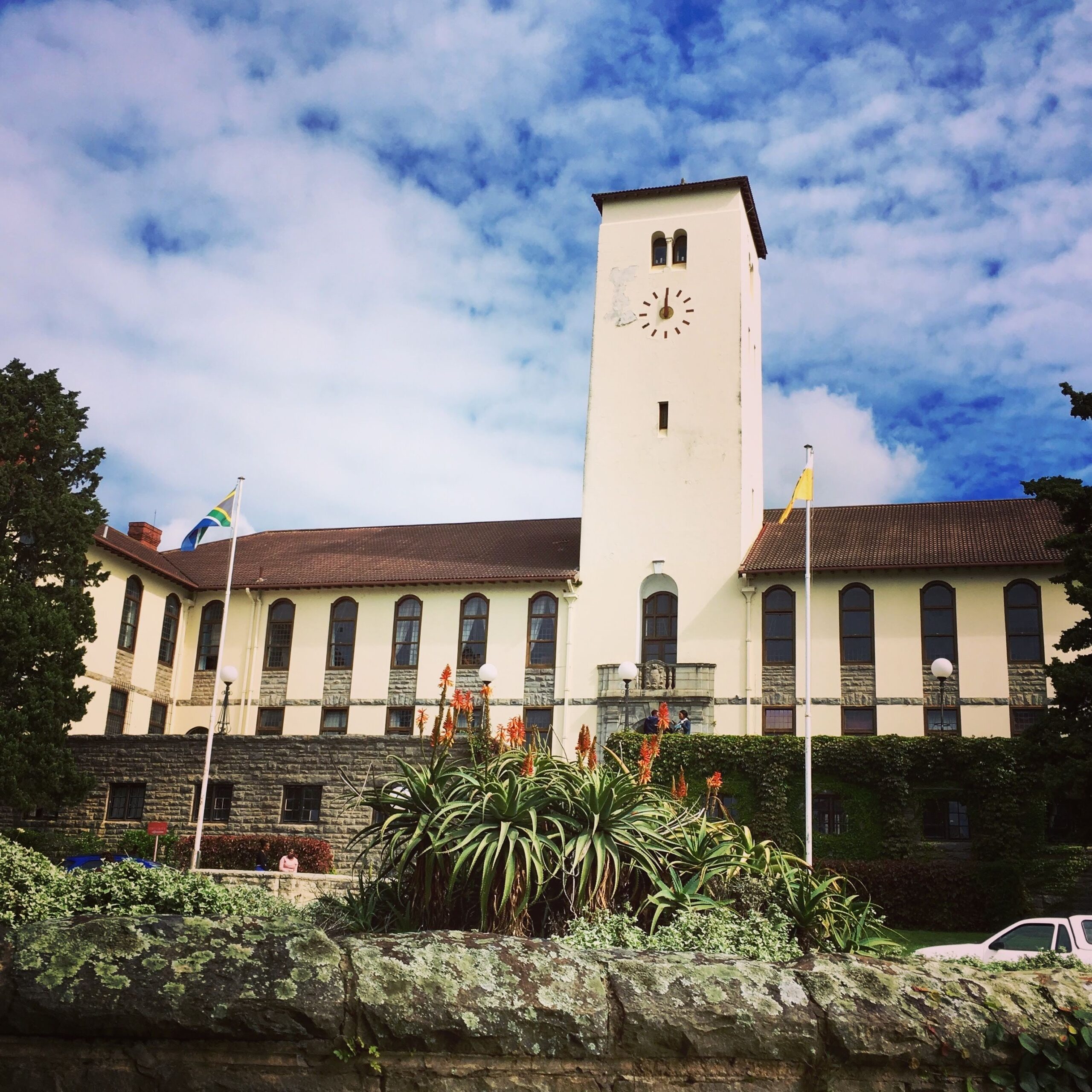An eye-level, slightly upward photograph captures the light yellow, two-story stone building of a clock tower under a partly cloudy sky. The building is positioned in the middle, and the central clock tower rises to the fourth story, with two long rectangular arched windows directly above the clock on the front. To the left is the South African flag, and to the right, a yellow flag, both slightly waving on silver poles. The lower level of the two-story building is dark grey stone, with smaller rectangular windows with dark frames, topped by a light yellow level, also with similar-sized rectangular windows, but with light brown wooden frames. Small trees frame the building at both ends of the light brown tiled roof. Below, the dark grey stone foundation wall features smaller rectangular windows with grey frames and is surrounded by a low stone wall covered with dark grey and light green lichen. Along the wall, different dark and medium green trees, ivy, and other plants and small-medium green shrubs, including red and orange aloe flowers, form a semi-circular hedge, almost hiding the foundation wall in the center. The clock tower stands under a partly blue and white sky with a few wispy, medium grey clouds spread evenly across it. In the right corner, a white, car is slightly visible. The ground is grey pavement.